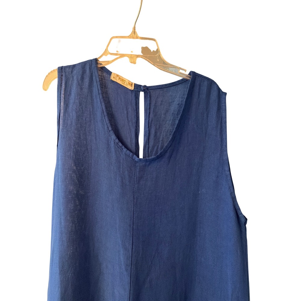 Puro Lino Jumpsuit Blue Linen Wide Leg Sleeveless Scoop Neck Pocket - Picture 3 of 7